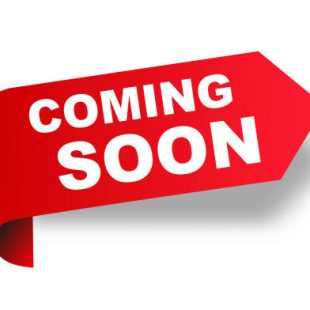 Coming soon red ribbon label banner. Open available now sign or coming soon tag. Vector illustration.